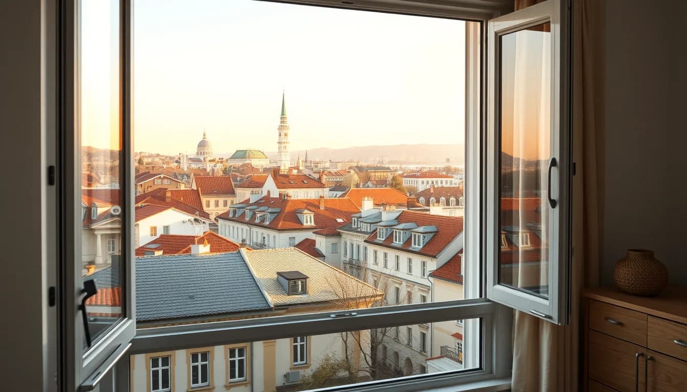 Budapesti háztetők panorámája egy felújított lakás ablakából — illusztráció
