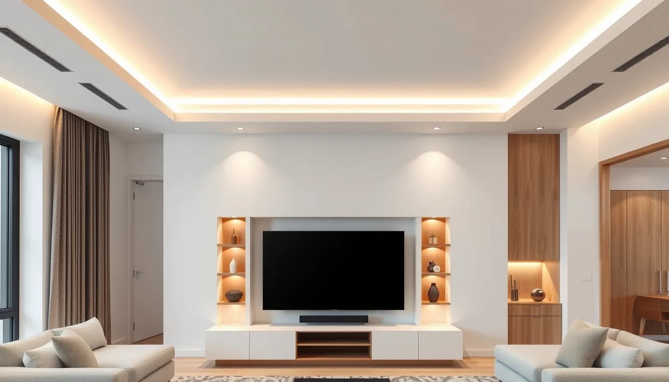 Gipszkarton álmennyezet rejtett LED-világítással modern nappaliban — illusztráció